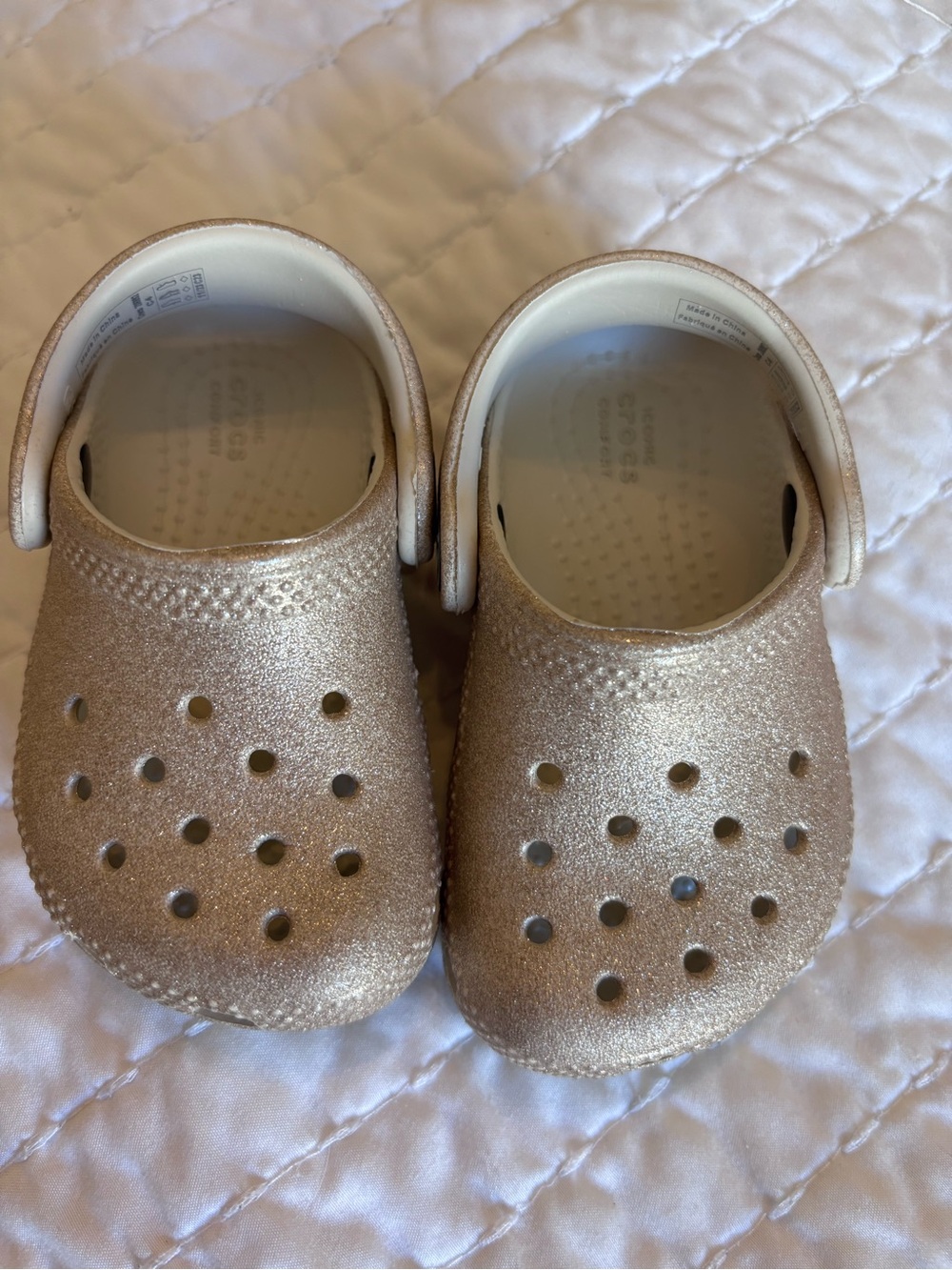Gold Glitter Baby Crocs, Size 4